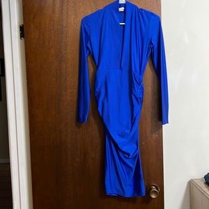 Royal Blue Deep V Neck Rutched Dress